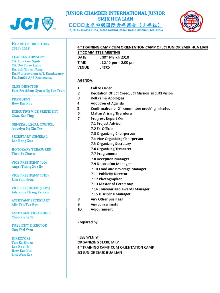 JCI Junior SMJK Hua Lian Meeting Agenda | PDF | Career & Growth