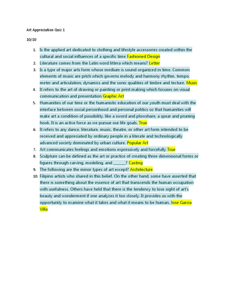 Art Appreciation Quiz 1 PDF