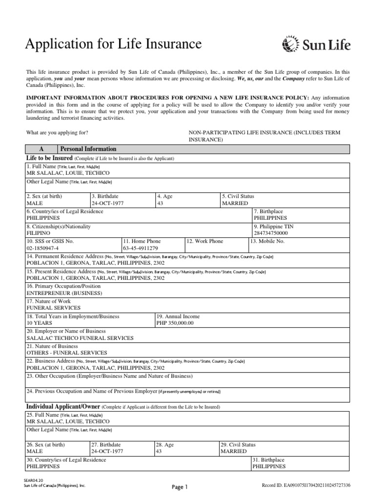 Application For Life Insurance PDF Insurance Life Insurance