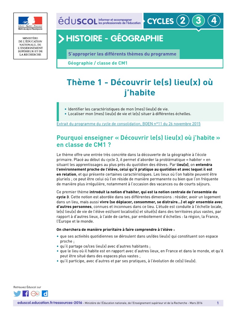 Evaluation Cm1 Geographie Le Lieu Ou J habite RA16 C3 HIGE GEO CM1 Th1 Decouvrir Lieu Ou J-Habite 616744 | PDF | Paysage  | Géographie