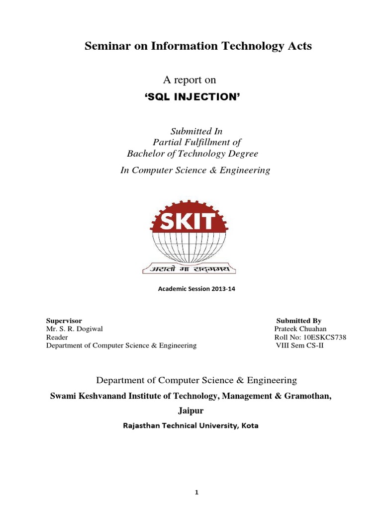 SQL Injections Seminar Report | PDF | Databases | Pl/Sql