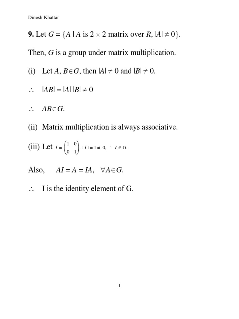 Group Properties of 2x2 Matrices | PDF | Matrix (Mathematics) | Group ...