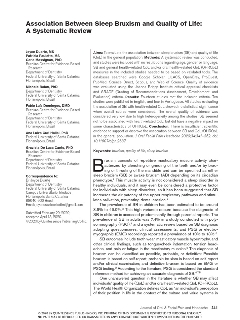 Association Between Sleep Bruxism and Quality of Life: A Systematic ...