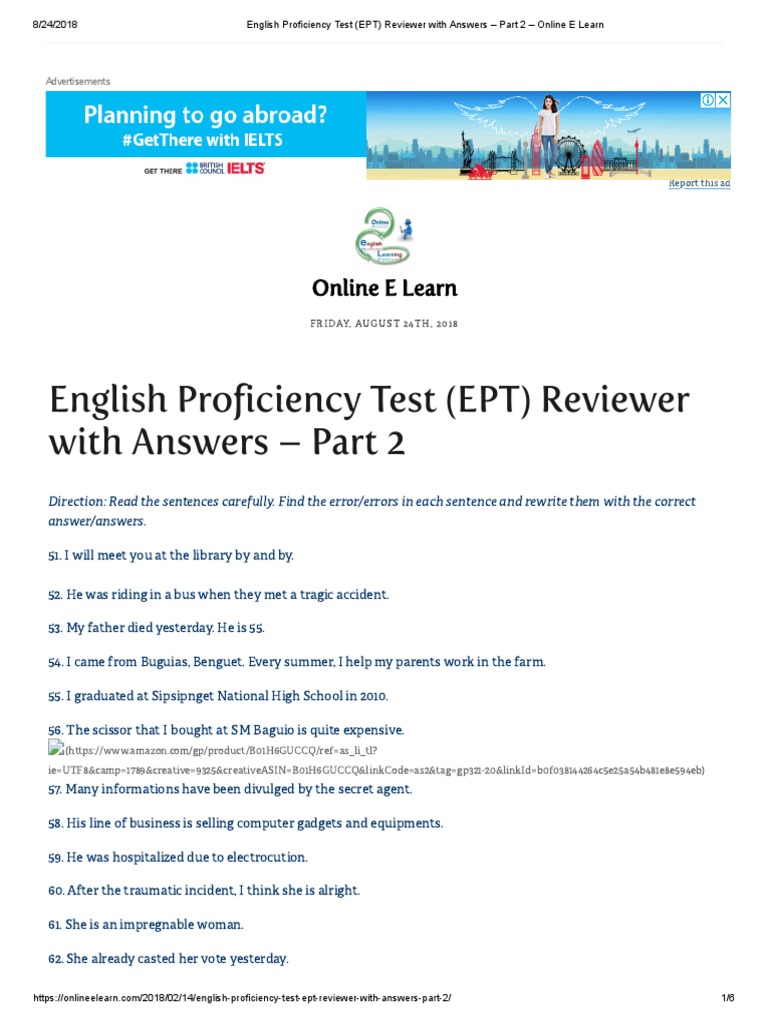 English Proficiency Test (EPT) Reviewer With Answers - Part 2 - Online ...
