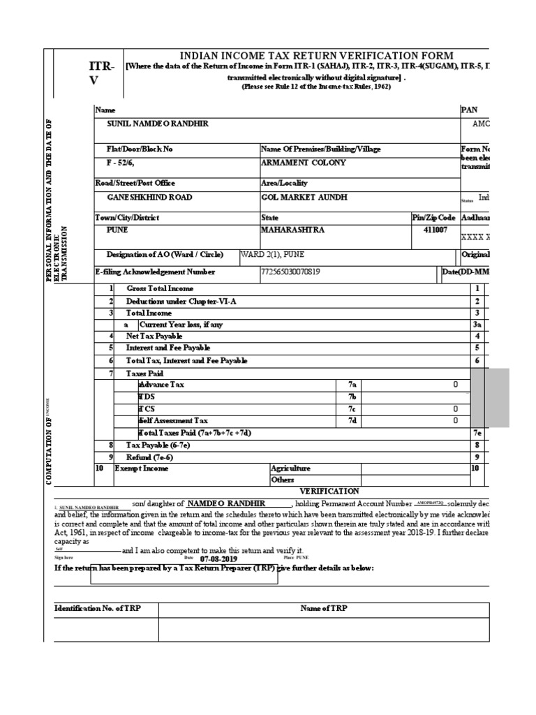 ItrV Indian Tax Return Verification Form PDF Taxes Economies