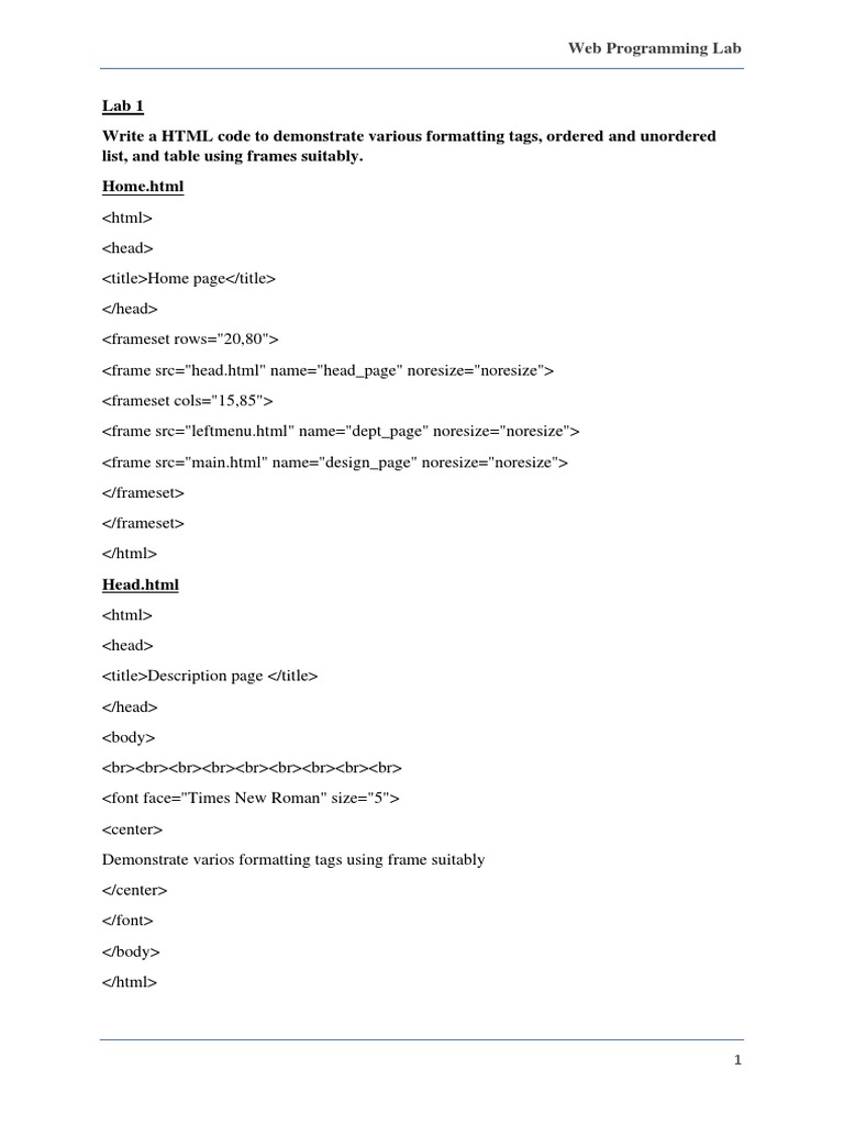 Lab 1 Write A HTML Code To Demonstrate Various Formatting Tags, Ordered ...