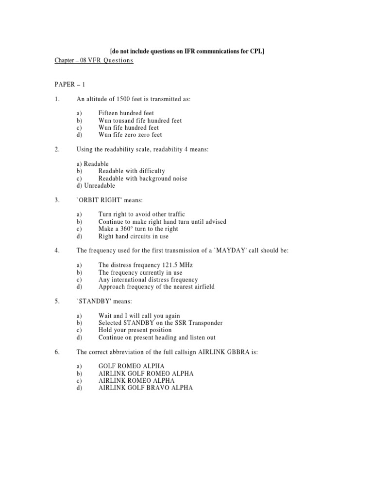 CPL VFR Communication Exam Questions | PDF | Transponder (Aeronautics ...