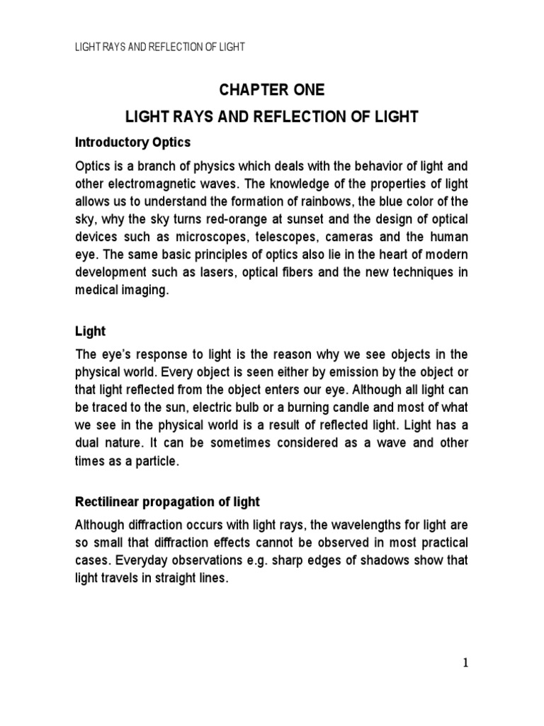 Chapter One Light Rays and Reflection of Light: Introductory Optics ...