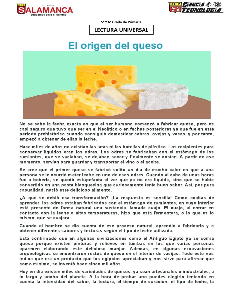 Lectura 1 El Origen Del Queso PDF Queso Leche