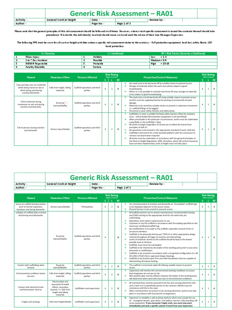 Generic Risk Assessment - RA01: General Work at Height Page 1 of 3 ...