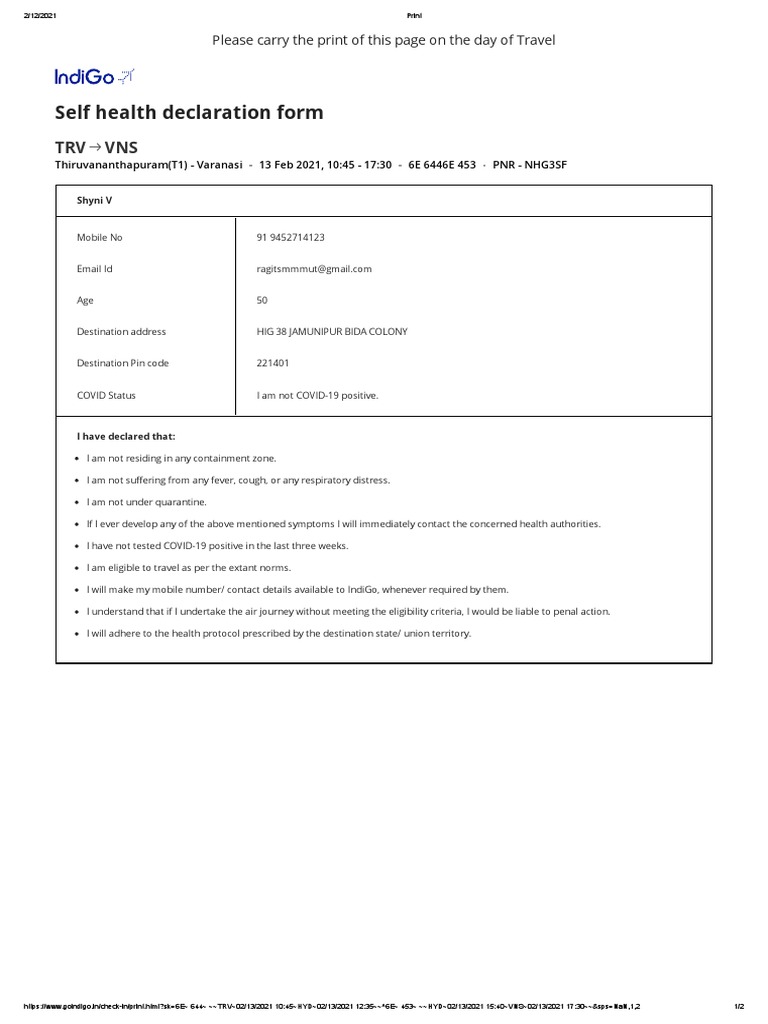 IndiGo Flight Self Health Declaration Form | PDF | Global Health ...
