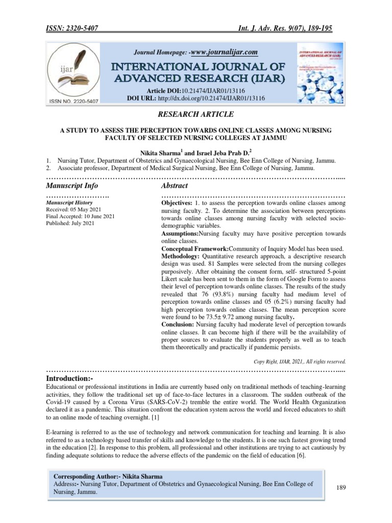 A Study To Assess The Perception Towards Online Classes Among Nursing ...