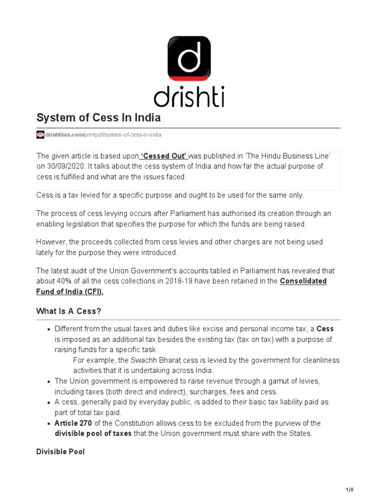 System of Cess in India What Is A Cess? PDF Taxes Government Of