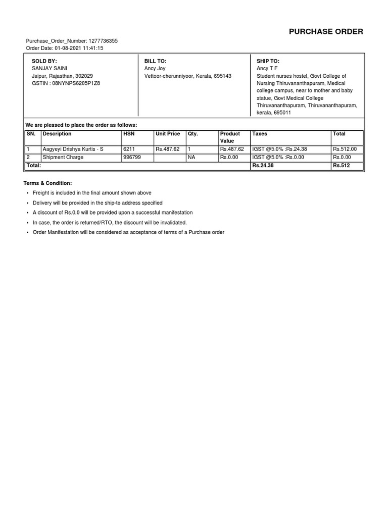 Purchase Order: Sold By: Bill To: Ship To | PDF