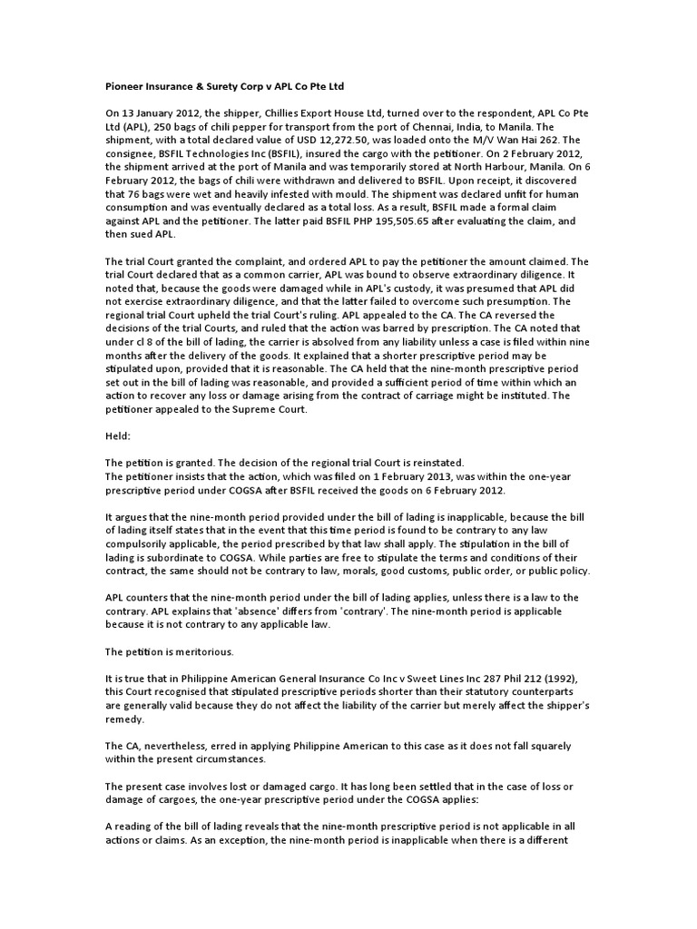 2 Pioneer Insurance PDF Statute Of Limitations Bill Of Lading