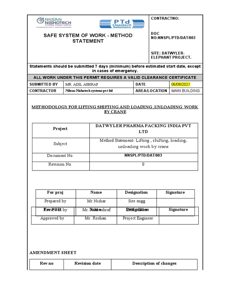 Crane Lifting Method Statement for DATWYLER | PDF | Crane (Machine ...