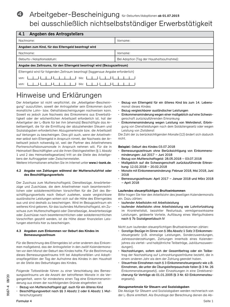 Elterngeld - Arbeitgeber-Bescheinigung | PDF