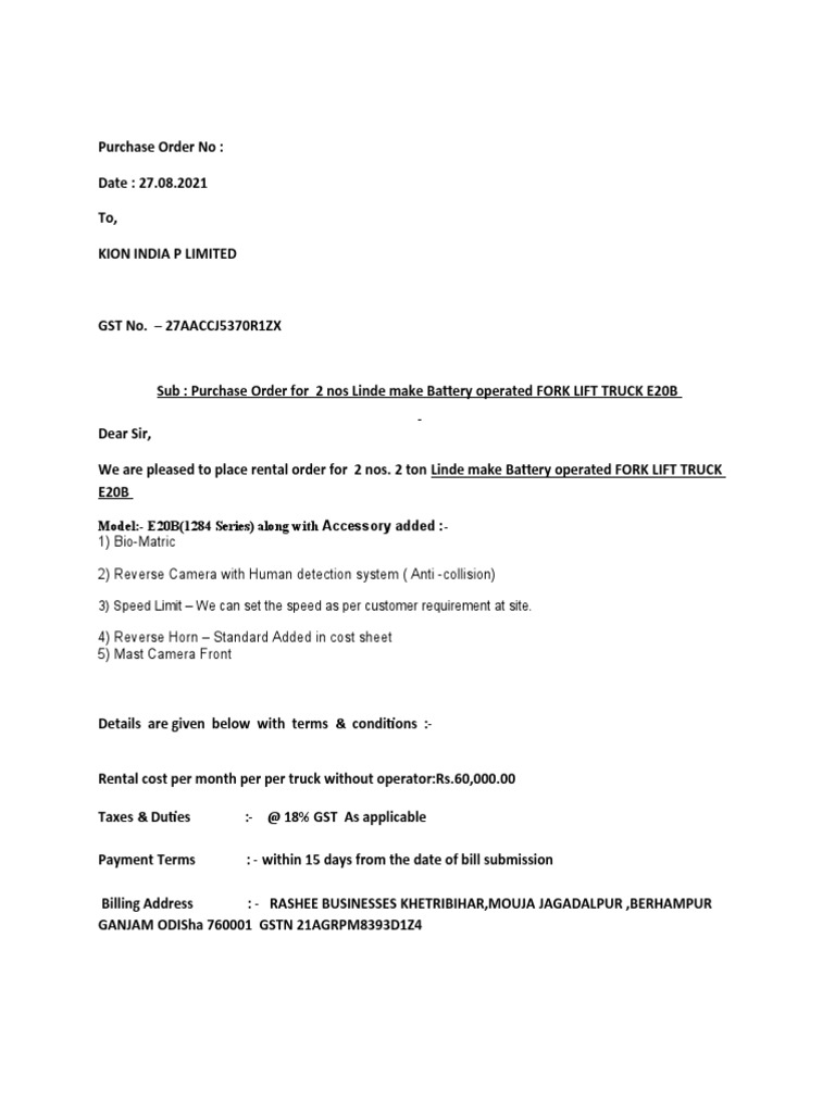 Rental Order for Linde Forklifts | PDF