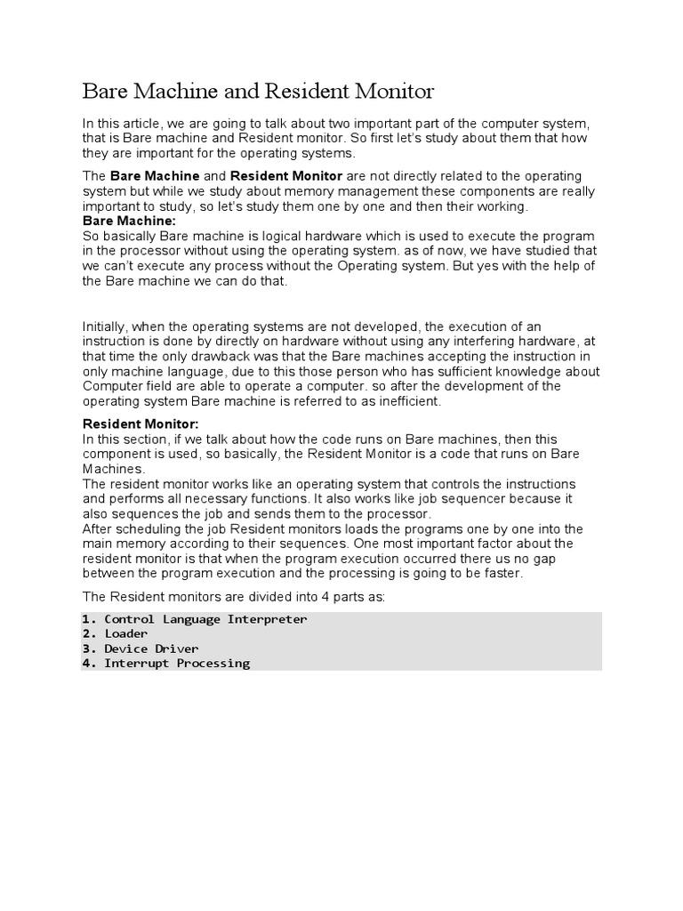 Bare Machine and Resident Monitor PDF Operating System Software