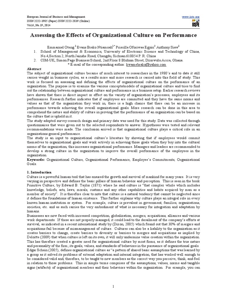 Impact of Organizational Culture on Performance | PDF | Organizational ...