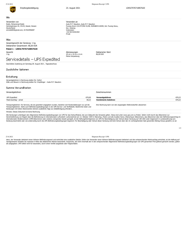 Shipment Receipt UPS PDF