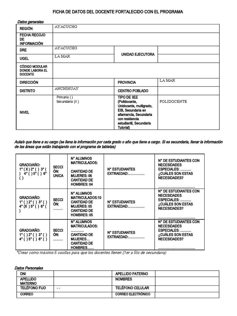FICHA DE DATOS DEL DOCENTE FORTALECIDO en Blanco | PDF | Salón de ...