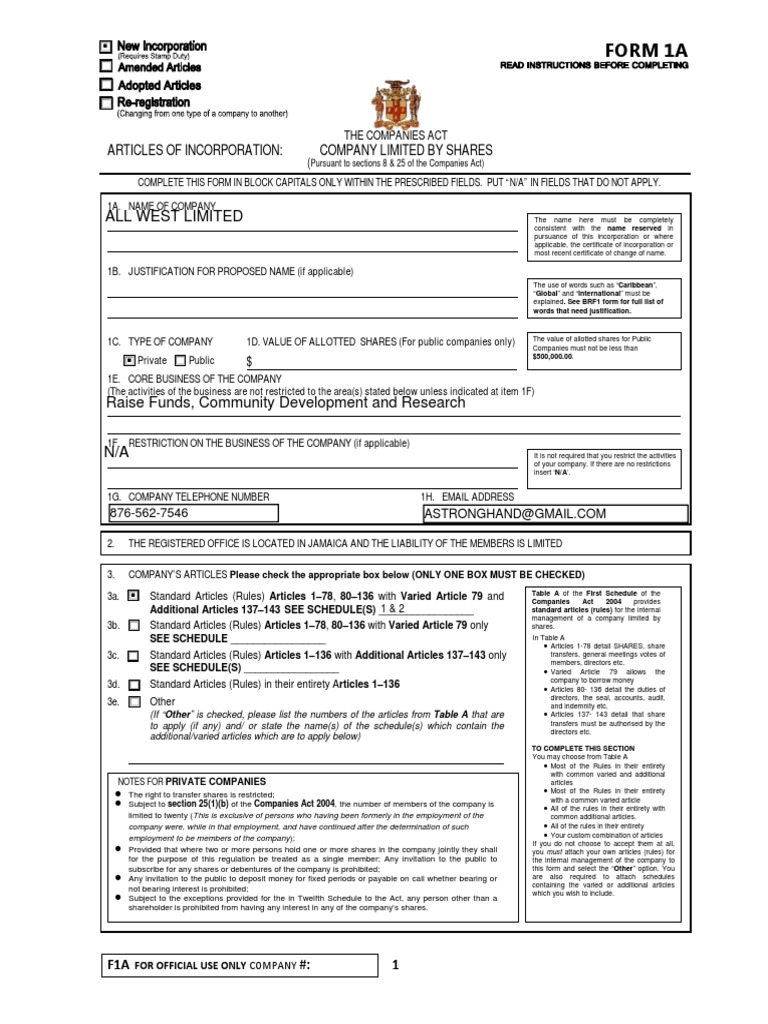 Company Registration Form 1A Jamaica | PDF | Companies | Private Law