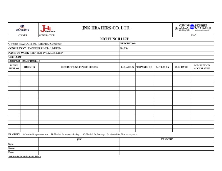 JNK Heaters Co. LTD. NDT Punch List PDF