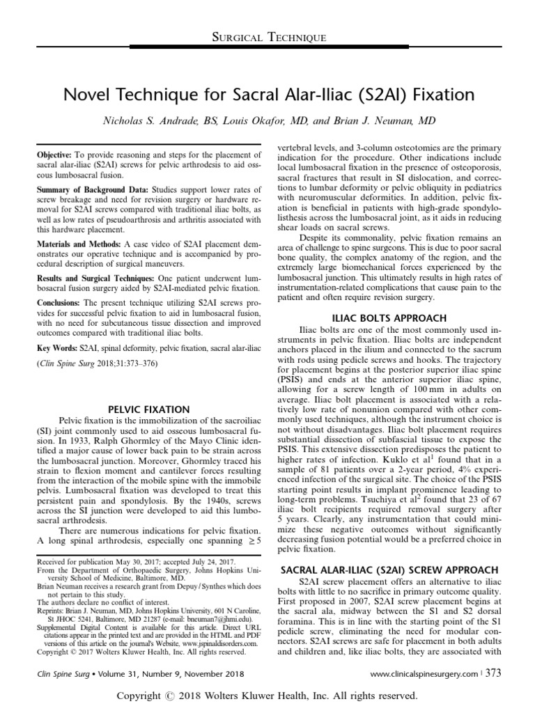 Novel Technique For Sacral Alar-Iliac (S2AI) Fixation | PDF | Pelvis ...