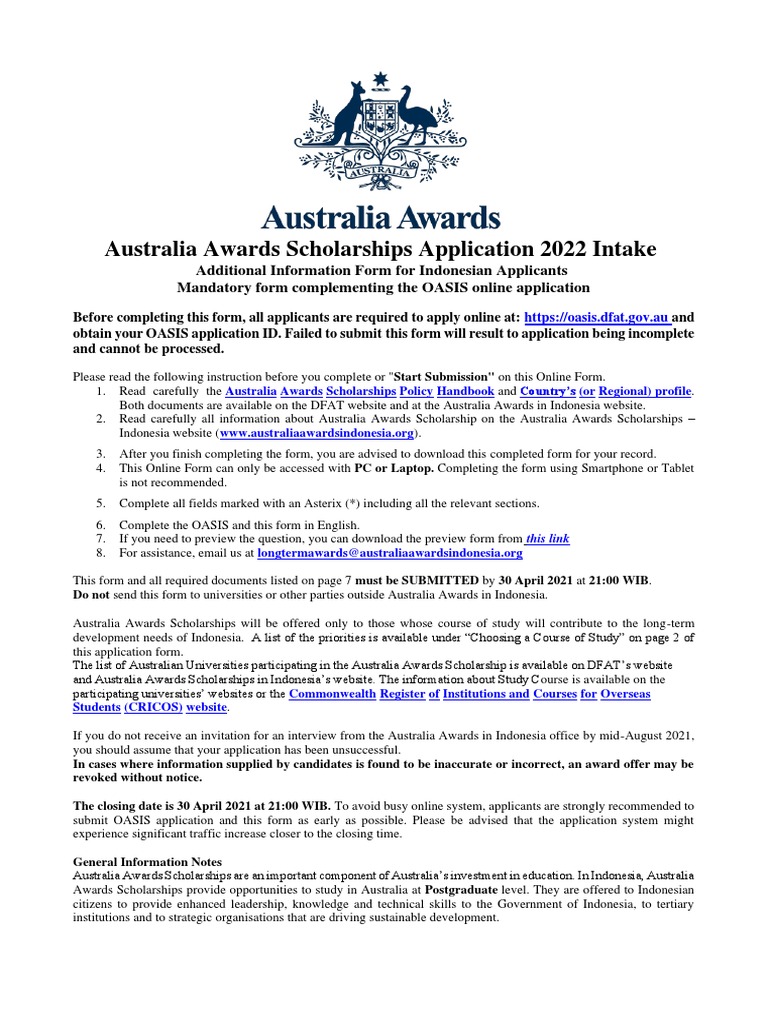 Australia Awards Scholarships Application 2022 Intake | PDF | Doctorate |  Test Of English As A Foreign Language