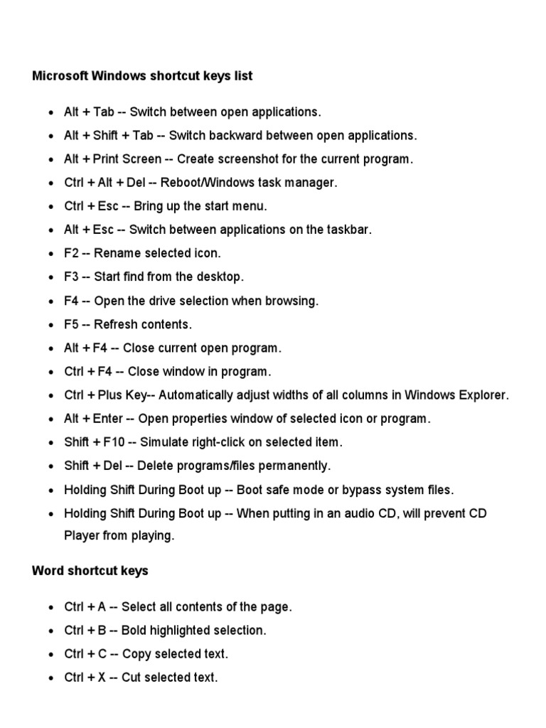 Microsoft Windows Shortcut Keys List PDF Ibm Pc Compatibles