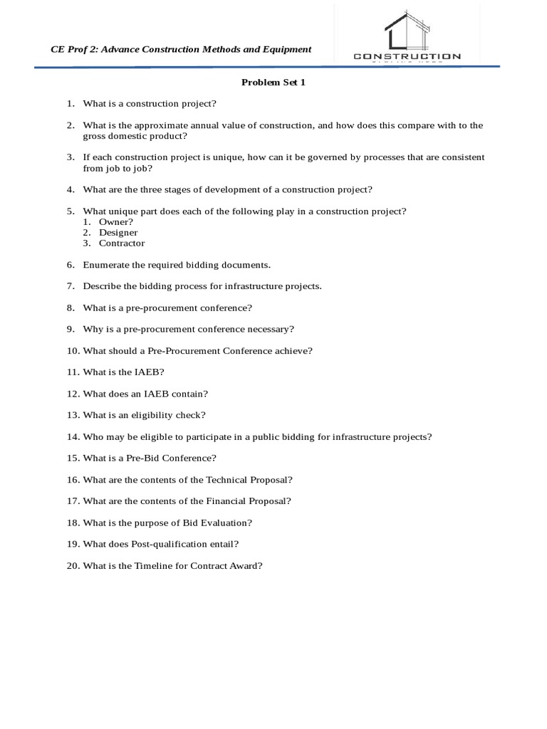 CE Prof 2: Advance Construction Methods and Equipment: Problem Set 1 | PDF