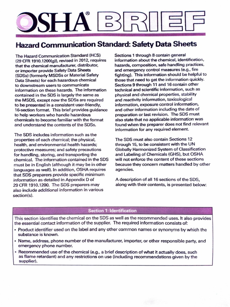 Osha Brief: Hazard Communication Standard: Safety Data Sheets ...