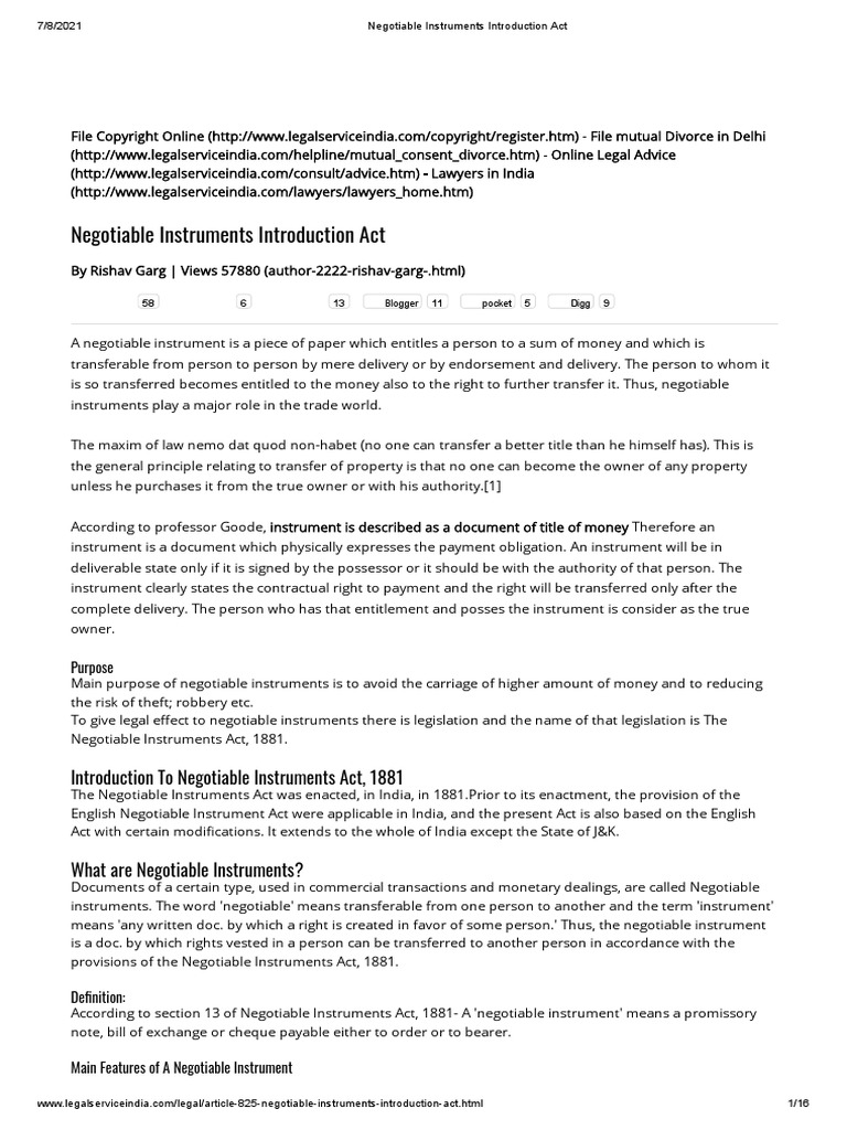 Negotiable Instruments Introduction Act Notes | PDF | Negotiable ...