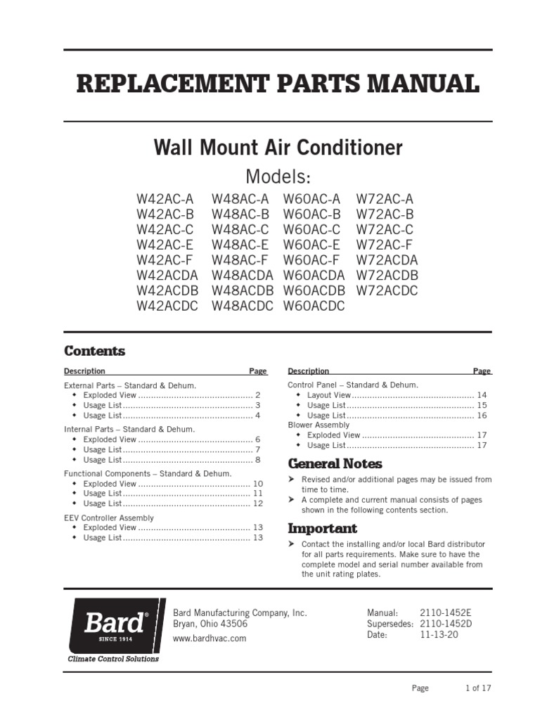 Service Parts List Bard Manufacturing Company