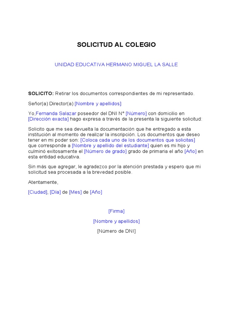 Modelo de Solicitud Simple para Retirar Documentos Del Colegio PDF
