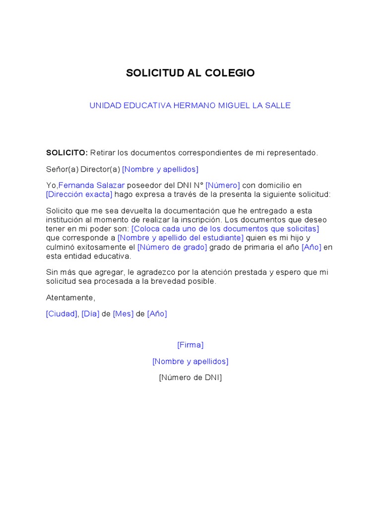 Modelo De Solicitud Simple Para Retirar Documentos Del Colegio Pdf