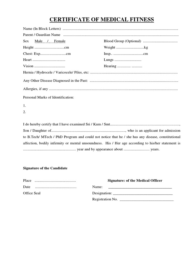 DASA Medical Fitness Certificate PDF