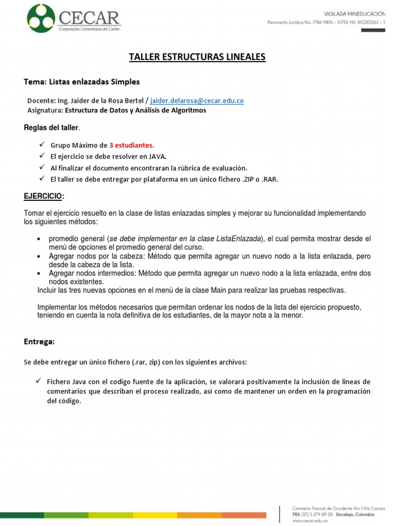 Taller de Listas Enlazadas en Java | PDF | Archivo de computadora | Zip ...