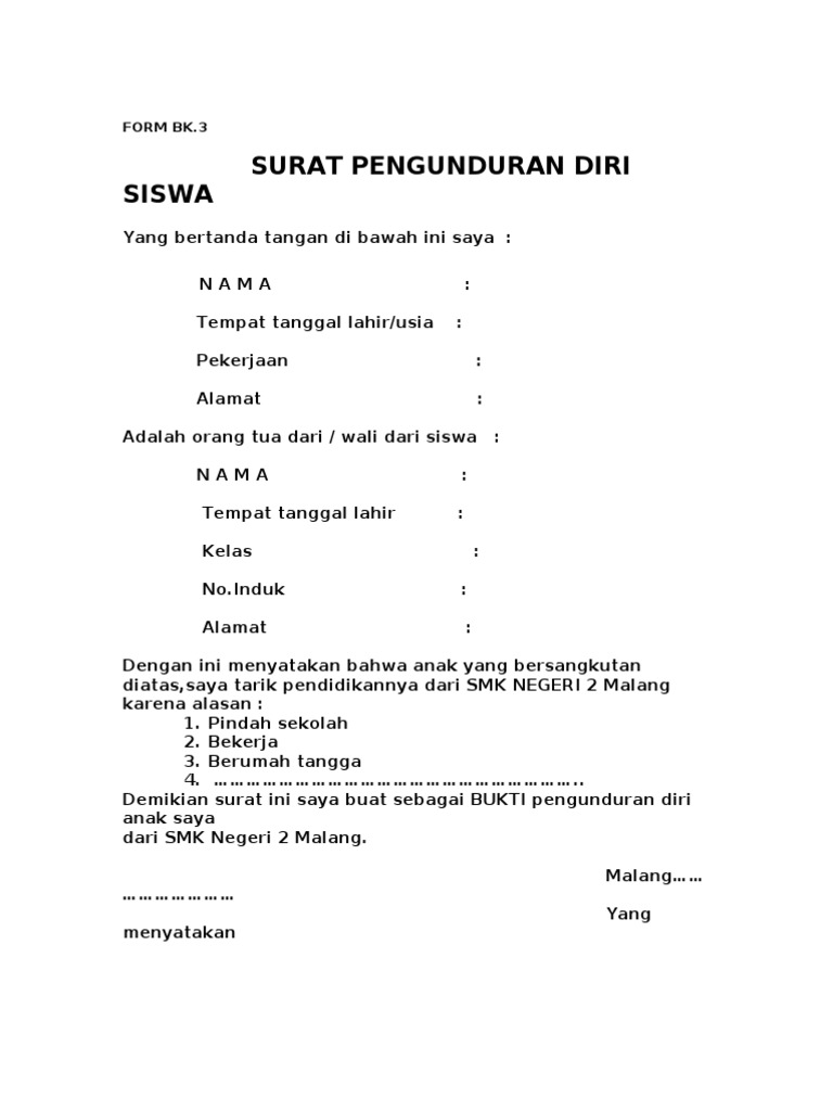 Surat Pernyataan Pengunduran Diri Siswa