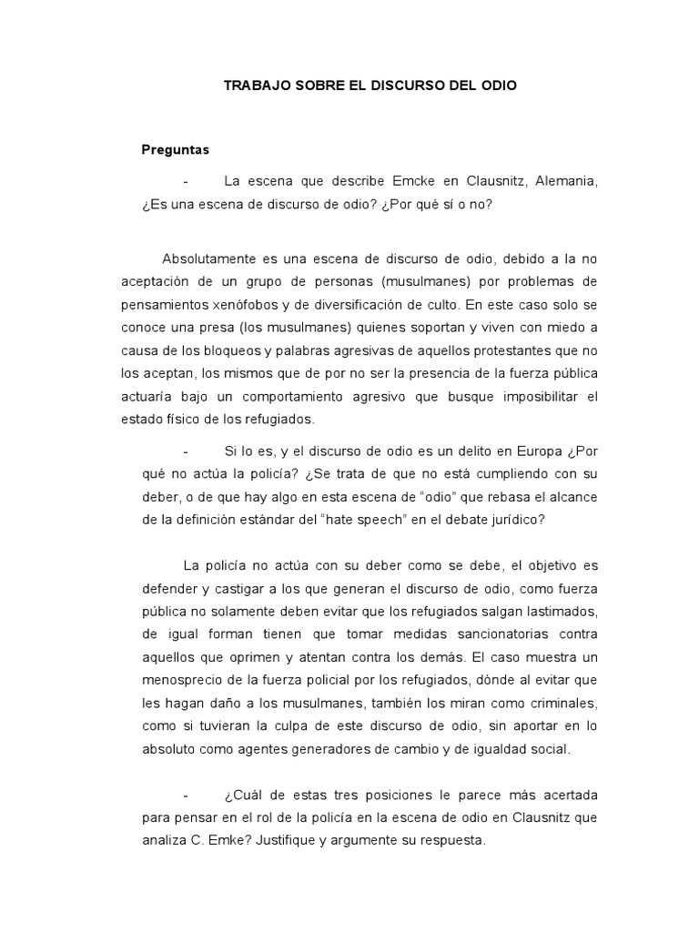 Trabajo Sobre El Discurso Del Odio | PDF | Policía | Odio
