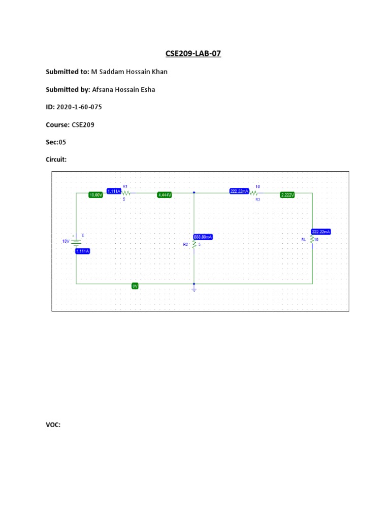 CSE209 Lab 07 Circuit Analysis | PDF