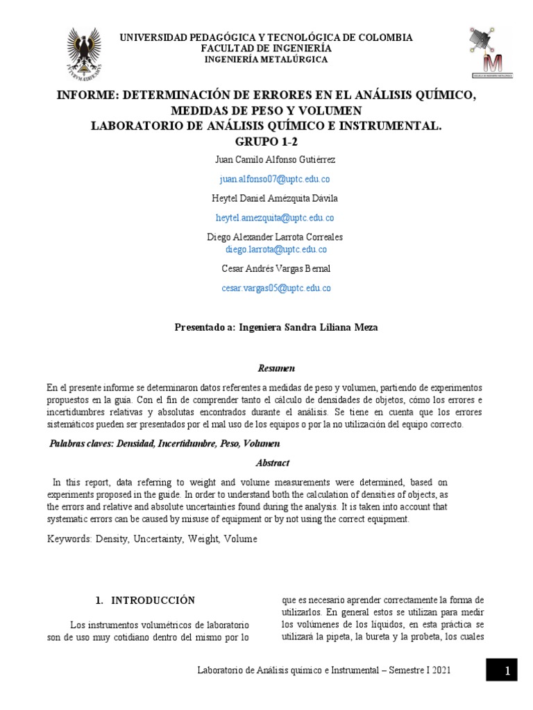 Determinación de Errores en El Análisis Químico, Medidas de Peso y Volumen PDF Exactitud y