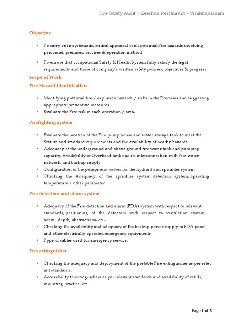 Fire Safety Audit Report for Zeeshan Restaurant | PDF | Fire Safety ...
