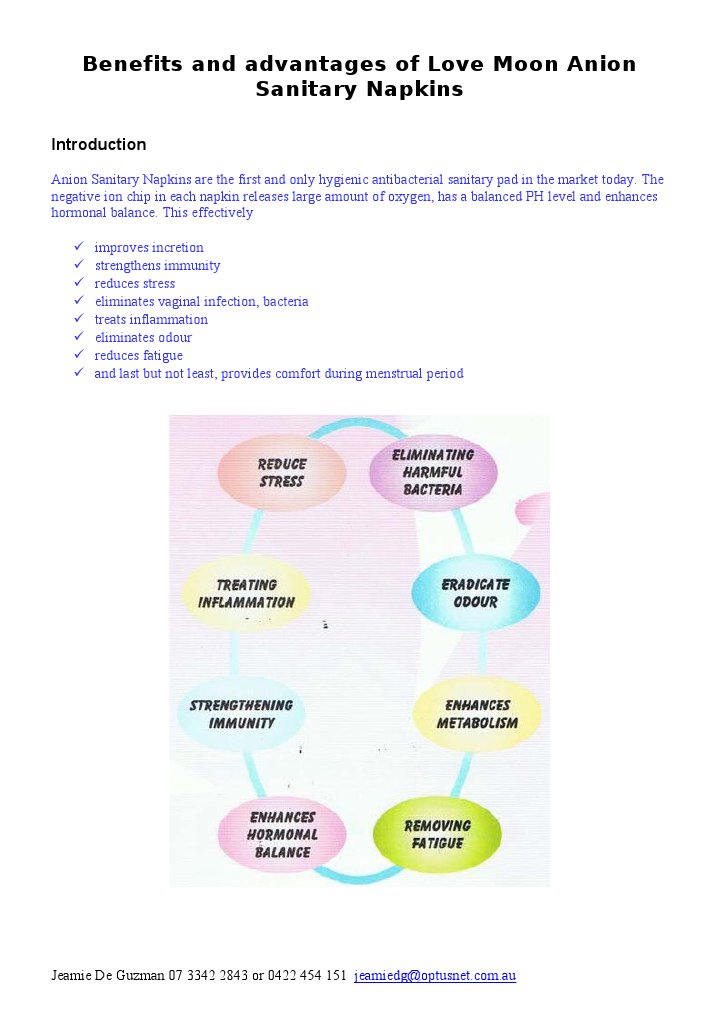 BENEFITS and Advantages of Love Moon Anion Sanitary Napkins PDF