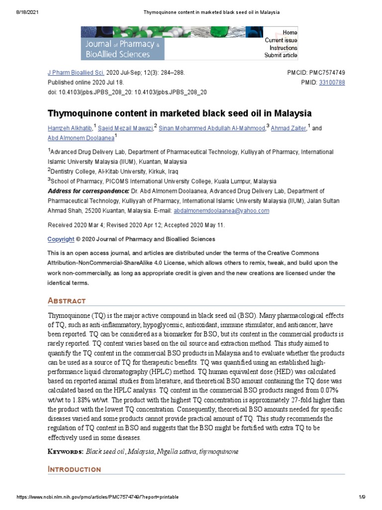 Thymoquinone Content in Marketed Black Seed Oil PDF High