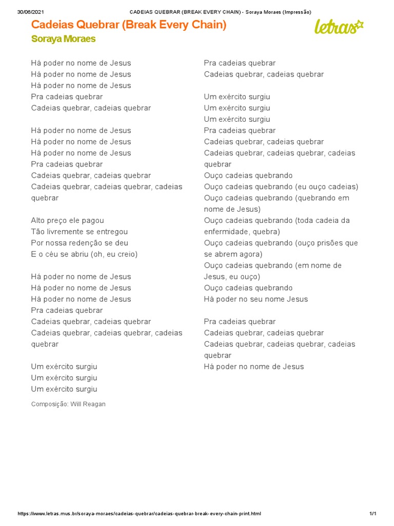 Cadeias Quebrar (Break Every Chain) Soraya Moraes (Impressão) PDF