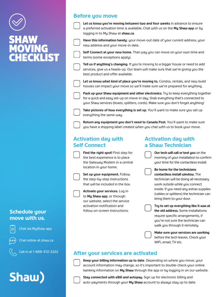 Shaw Moving Checklist Guide | PDF | Software | Telecommunications