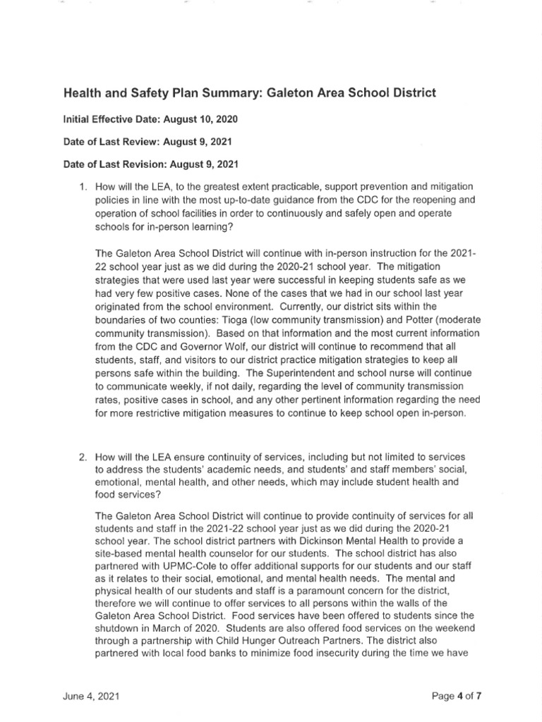 Galeton Health and Safety Plan 202122 PDF