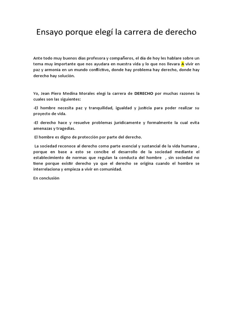 Ensayo Porque Elegí La Carrera de Derecho Jeanpi | PDF